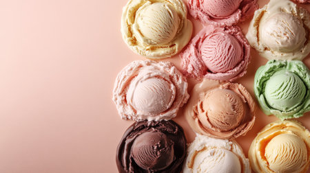 A delicious array of different ice cream flavors in a top view shot, with or textの素材