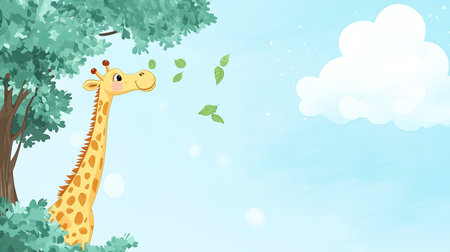 Cartoon giraffe reaching for leaves on a tree, with open sky space for textの素材