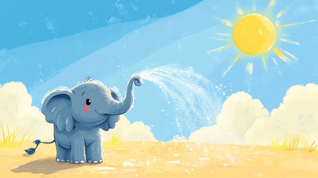 Cartoon elephant spraying water with its trunk under a sunny sky. Blue sky and room for text spaceの素材