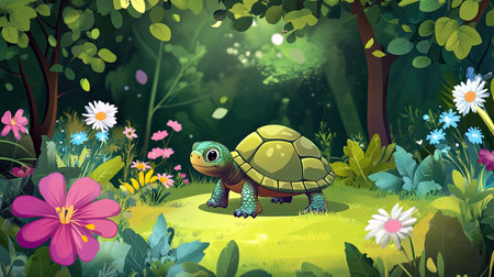 Cartoon turtle slowly walking through a garden with space for copy aboveの素材