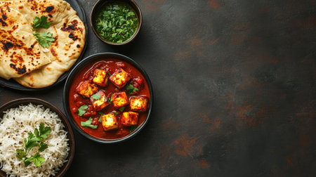 A complete Indian food set featuring paneer tikka, rice, and naan, shot from above with ample space for textの素材