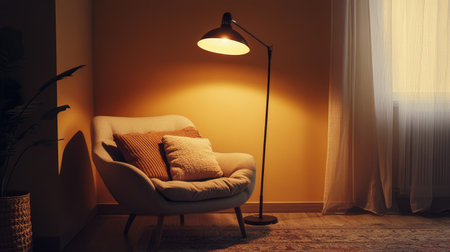 A cozy reading corner with a stylish armchair, floor lamp, and decorative pillows, with copy space aroundの素材