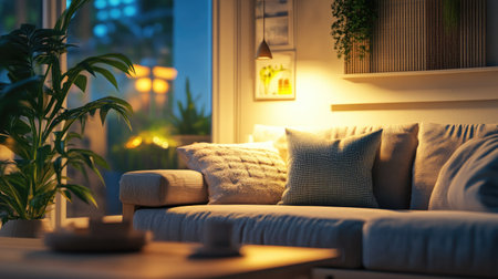 A cozy living room with decorative cushions, soft lighting, and space for copy or design elementsの素材