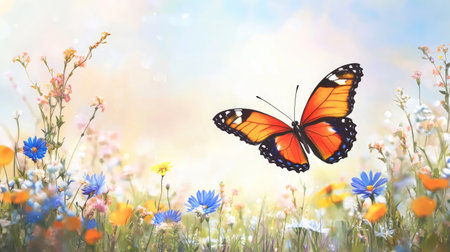 Cartoon butterfly fluttering through a field of wildflowers with bright copy space in the skyの素材