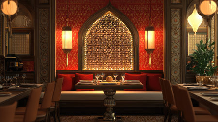 A beautifully arranged South Asian restaurant with decorative elements and empty space for copy or textの素材
