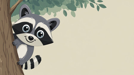 Playful cartoon raccoon peeking out from behind a tree with space for text in the backgroundの素材