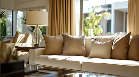 A beautifully arranged living room with modern furniture and decorative pillows, offering copy spaceの素材