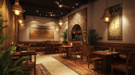 A cozy South Asian restaurant dining area with no people, offering plenty of space for text or brandingの素材