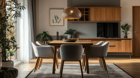 A cozy dining room with modern chairs, a wooden table, and decorative elements, providing space for textの素材