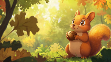 Cartoon squirrel holding an acorn with space for copy in the leafy backgroundの素材