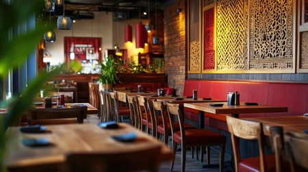 A modern South Asian restaurant interior, stylishly decorated with ample copy space for branding or textの素材