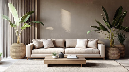 A beautifully decorated living room with a modern sofa, coffee table, and copy space for textの素材