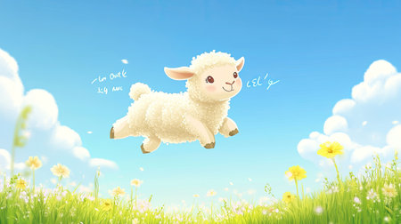 Cute cartoon lamb leaping through a meadow with room for writing in the blue skyの素材