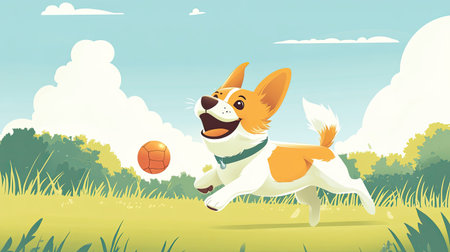 Happy cartoon dog chasing a ball in an open meadow. Bright sky and room for copy in the backgroundの素材