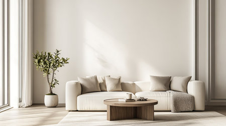 A beautifully decorated living room with a modern sofa, coffee table, and copy space for textの素材