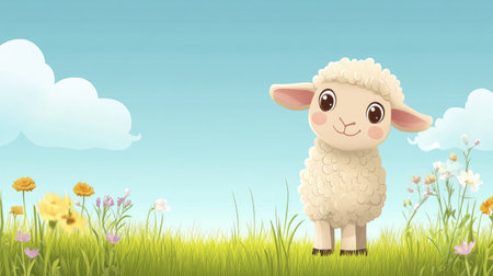 Cute cartoon lamb standing in a meadow with open space for writing in the blue skyの素材