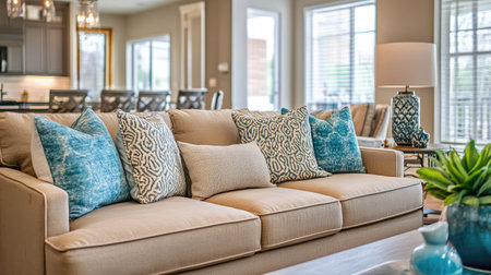 A beautifully arranged living room with modern furniture and decorative pillows, offering copy spaceの素材