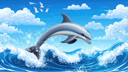 Playful cartoon dolphin leaping through waves with space for text in the blue skyの素材