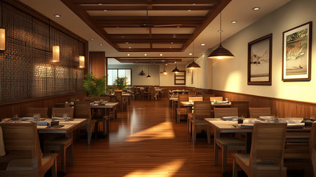A spacious and stylish South Asian restaurant with wooden furniture, with ample space for copy or textの素材