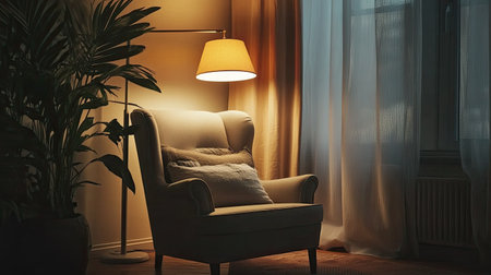 A cozy reading corner with a stylish armchair, floor lamp, and decorative pillows, with copy space aroundの素材
