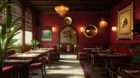A cozy South Asian restaurant dining area with no people, offering plenty of space for text or brandingの素材