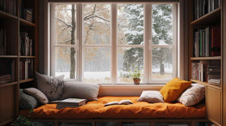 A cozy reading nook by the window with books, cushions, and space for copy or textの素材