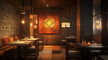 A cozy and intimate South Asian restaurant with decorative lighting and space for copy or brandingの素材