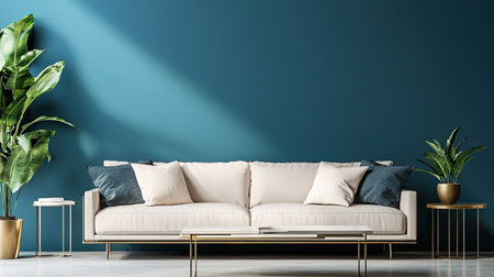 A beautifully decorated living room with a modern sofa, coffee table, and copy space for textの素材