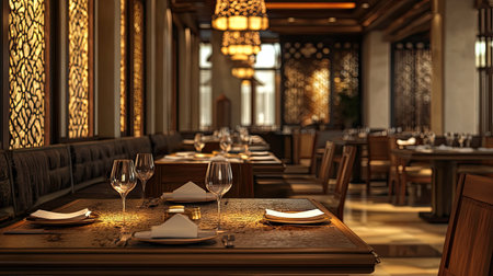 A high-end South Asian restaurant dining area with no people, leaving space for copy or textの素材