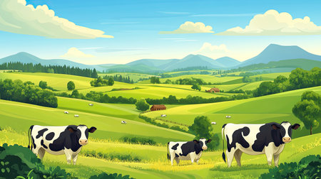 A picturesque dairy farm island with green fields and cows, providing ample space for copy or design elementsの素材