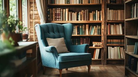A cozy reading nook with books, a stylish armchair, and ample space for copy or design elementsの素材