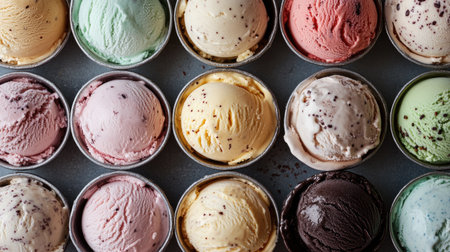 A delicious array of different ice cream flavors in a top view shot, with or textの素材