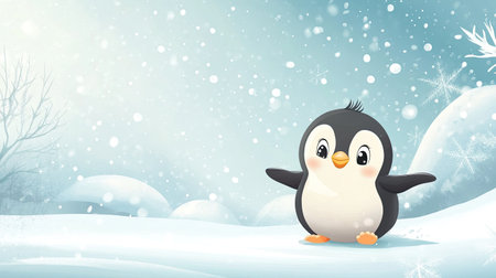 Sweet cartoon baby penguin sliding on ice with open space for text above. Winter landscapeの素材
