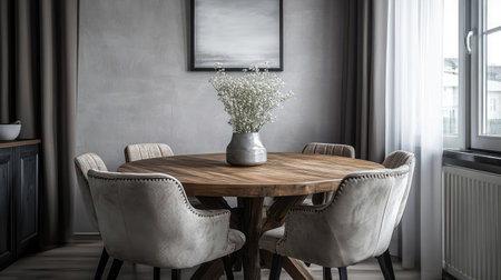 A cozy dining area with a wooden table, stylish chairs, and space for copy or text aroundの素材