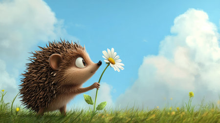 Playful cartoon hedgehog sniffing a flower with ample room for copy in the skyの素材