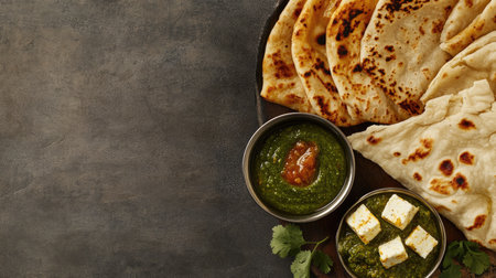 A delicious Indian meal with paneer, naan, and chutney, arranged beautifully with room for text or copyの素材