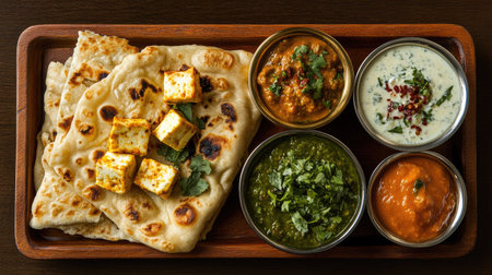 A delicious Indian meal with paneer, naan, and chutney, arranged beautifully with room for text or copyの素材