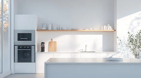 A minimalist kitchen with clean countertops and modern appliances, leaving ample space for text or brandingの素材