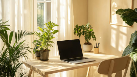 A minimalist home office with a clean desk, laptop, and plants, offering plenty of space for copy or textの素材