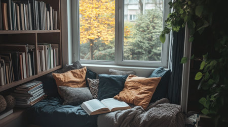 A cozy reading nook by the window with books, cushions, and space for copy or textの素材