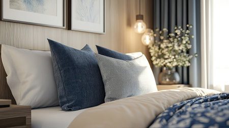 A stylish bedroom with decorative pillows, a bedside table, and space for text or brandingの素材