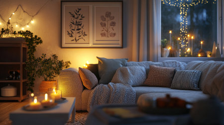 A cozy living room with decorative cushions, soft lighting, and space for copy or design elementsの素材