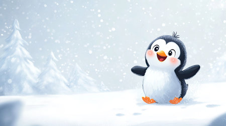 Sweet cartoon baby penguin sliding on ice with open space for text above. Winter landscapeの素材