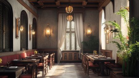 A serene and elegant South Asian restaurant with traditional decor, offering empty space for copy or brandingの素材