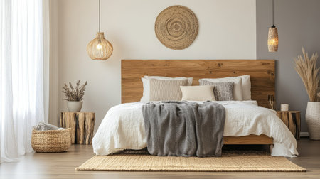 A beautifully decorated bedroom with a modern bed, decorative lamps, and space for copy or brandingの素材