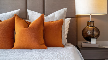 A stylish bedroom with decorative pillows, a bedside table, and space for text or brandingの素材