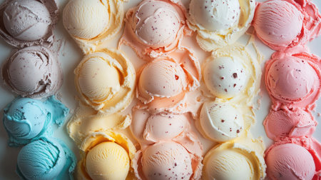A delicious array of different ice cream flavors in a top view shot, with or textの素材