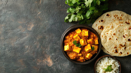 A flavorful Indian meal with paneer, rice, and roti, shown in a top view with empty space for copy or design elementsの素材
