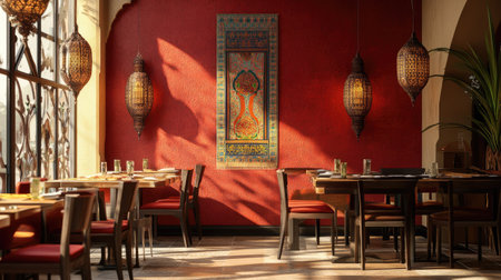 A beautifully arranged South Asian restaurant with decorative elements and empty space for copy or textの素材
