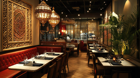 A modern South Asian restaurant interior, stylishly decorated with ample copy space for branding or textの素材
